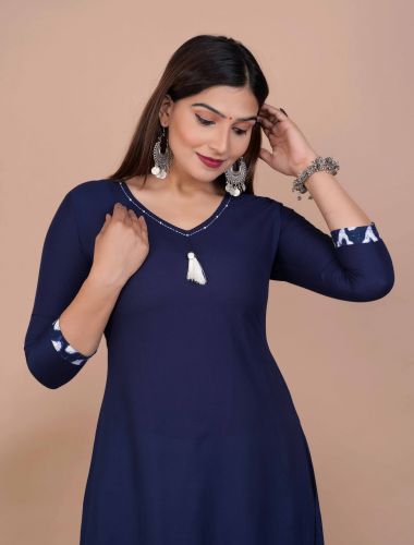 Blue Solid Flared A-Line Rayon Kurta