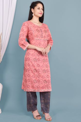 Pink Rayon Gota Patti & Floral Printed Kurta With Palazzo