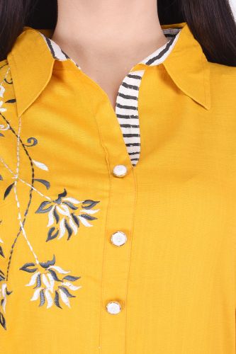Embroidered Mustard Shirt Style Kurta