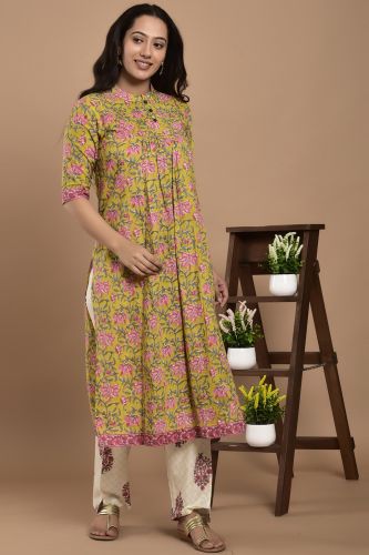 Lime Green and Pink Floral Printed A-Line Kurta with Printed Palazzo Pants Set