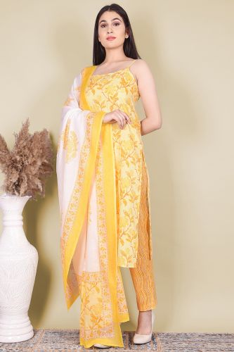 Yellow Printed with Sleeveless Cotton Kurta with Printed Pants and Dupatta