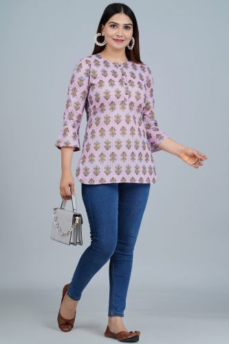 Lavender Ethnic Printed Straight Cotton Top