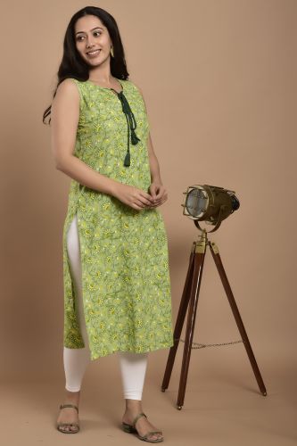 Light Green Printed Sleeveless Cotton Kurta