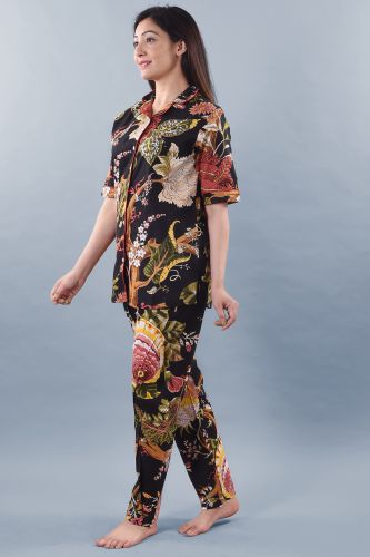 Black Multicoloured Printed Cotton Night Suit