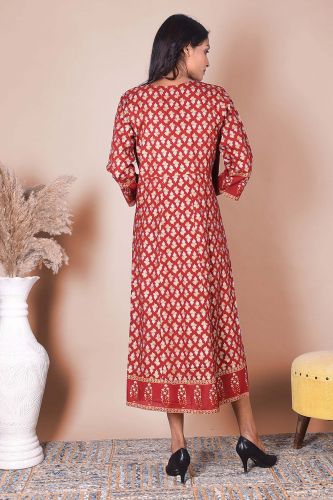 Red & Golden Printed A-Line Kurta With Jacket