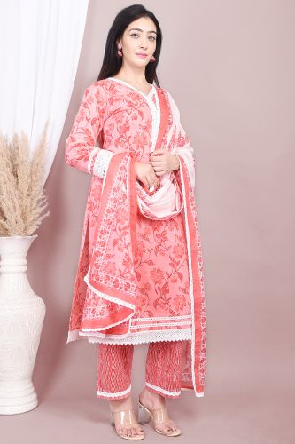 Premium Cotton Pink Kurta with Lace Work and Printed Palazzo Pant with White Dupatta