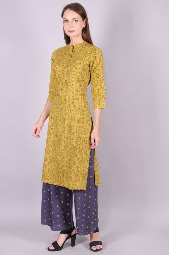 Mehndi Color Printed Handwork Kurta With Palazzo