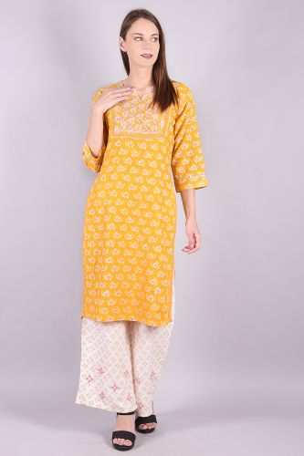 Mustard Embroidered Printed Kurta With Palazzo Set