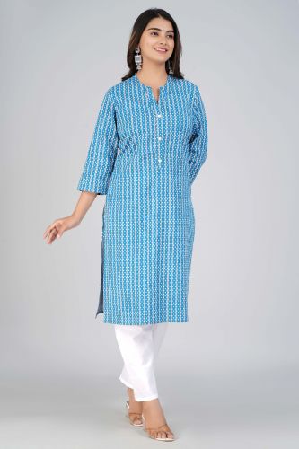 Blue Striped Printed Straight Cotton Kurta