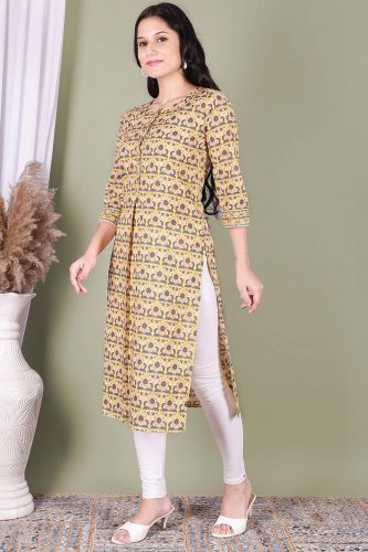 Yellow Printed Cotton Straight Kurta