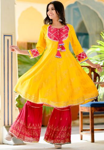 Premium Rayon Yellow & Red Printed Flared Kurta with Printed Sharara and Dupatta