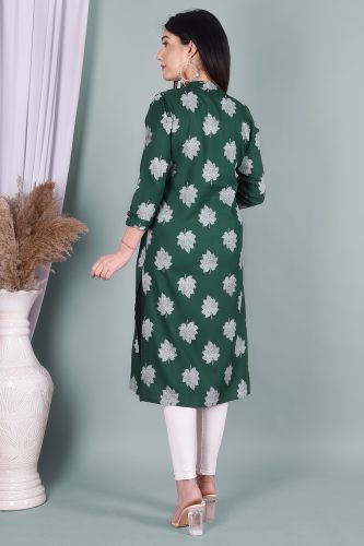 Green Leaf Print Straight Rayon Kurta