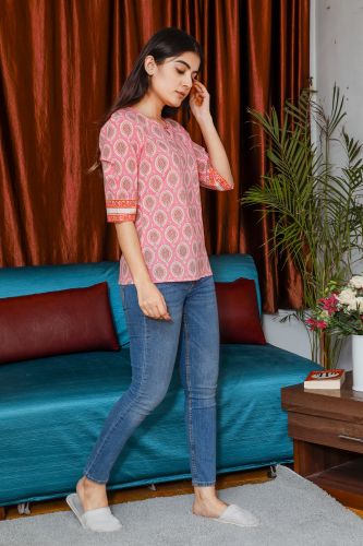 Pink Ethnic Printed Straight Cotton Top