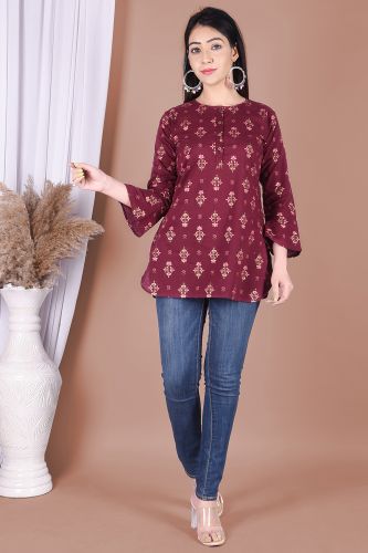 Burgundy Ethnic Printed Cotton Top