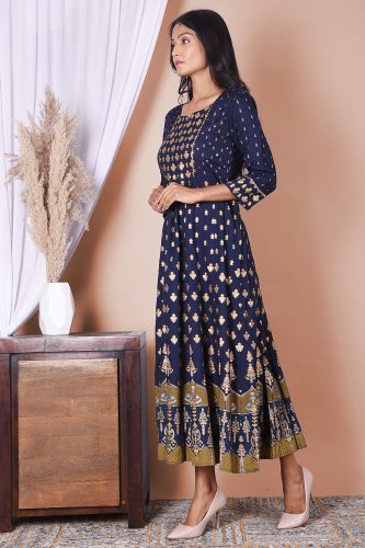 Blue and Golden Printed Rayon Kurta