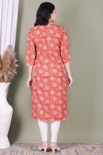 Peach Floral Printed Cotton Angrakha Kurta