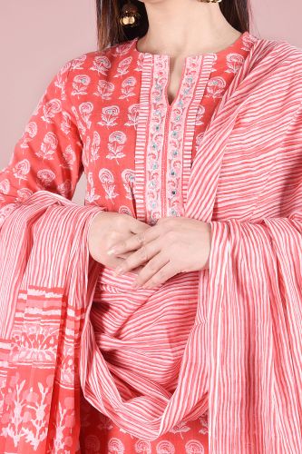 Red and White Printed Cotton Kurta with Striped Printed Palazzo Pants and a Dupatta