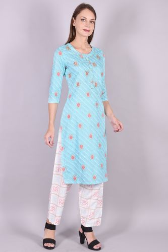 Handwork Sky Blue Kurta with Printed Palazzo