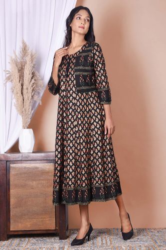 Black & Golden Printed A-Line Kurta With Jacket