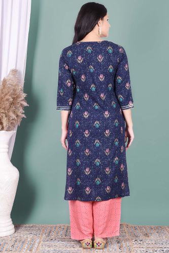 Navy Blue Printed Kurta with Peach Printed Palazzo Pants
