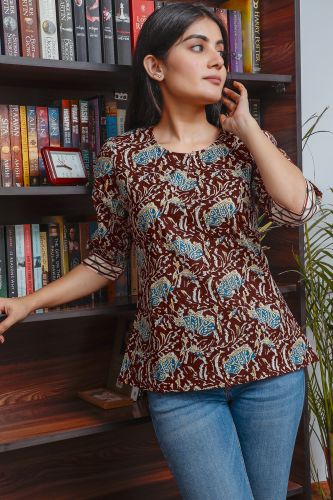 Brown Cotton Top with Turquoise Flower Print