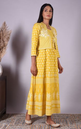 Yellow Printed Long Cotton Kurti with Embroidered Jacket