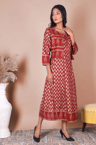 Red & Golden Printed A-Line Kurta With Jacket