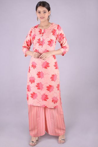 Pink Printed Straight Rayon Kurta With Palazzo