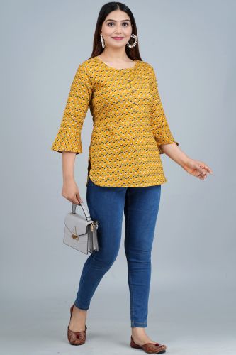 Mustard Ethnic Printed Casual Cotton Top