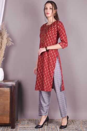 Red Printed rayon Kurta With Grey Checkered Pant