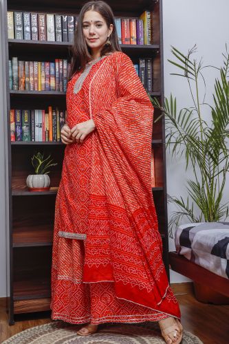 Red Bandhej Printed Cotton Kurta With Skirt & Dupatta