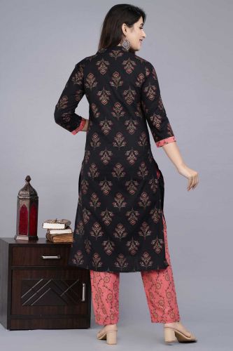 Black & Gold Printed Cotton Kurta Dupatta Set with Printed Cotton Pants