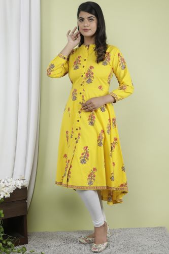 Yellow Floral Printed A-Line Flared Cotton Kurta