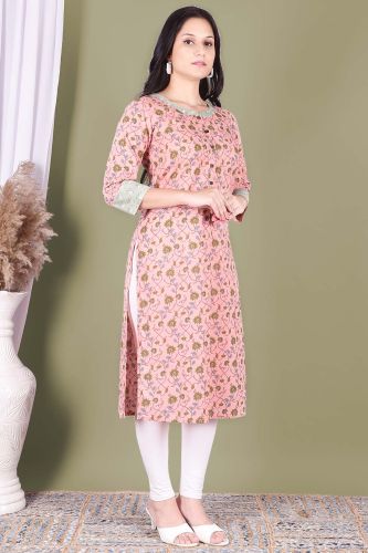 Light Pink Printed Straight-Fit Cotton Kurta