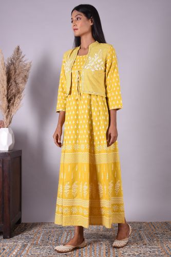 Yellow Printed Long Cotton Kurti with Embroidered Jacket
