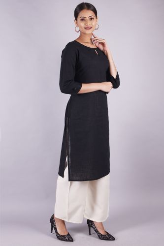 Black Color Cotton Kurti with Neck Button