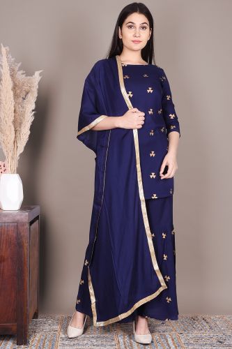 Blue and Gold Printed Short Kurta with Sharara and a Dupatta Set