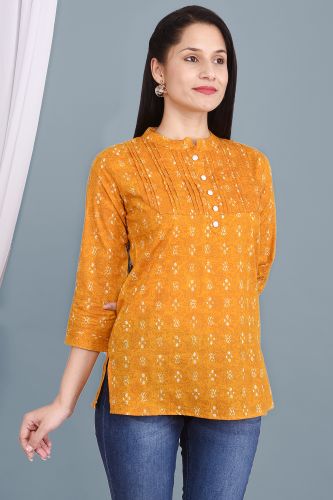 Mustard Ethnic Printed Pleated Cotton Top