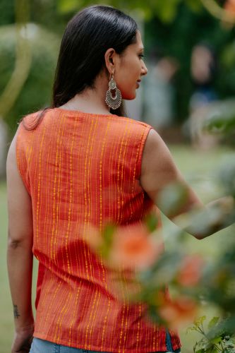 Orange Printed Sleeves Cotton Ethnic Top