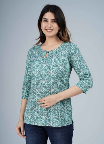 Blue Ethnic Printed Cotton Top