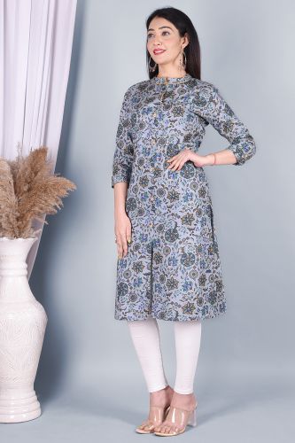 Grey Jaipur Print Straight Cotton Kurta