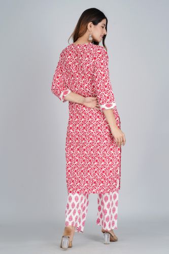 White With Pink Print Cotton Kurti With Printed Palazzo and Cotton Dupattaa