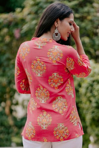 Peach Floral Printed Cotton Ethnic Top