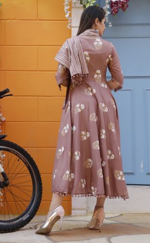 Peach Floral Printed Anarkali Kurta With Striped Dupatta