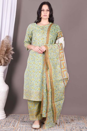 Green Printed Cotton Kurta With Palazzo & Dupatta