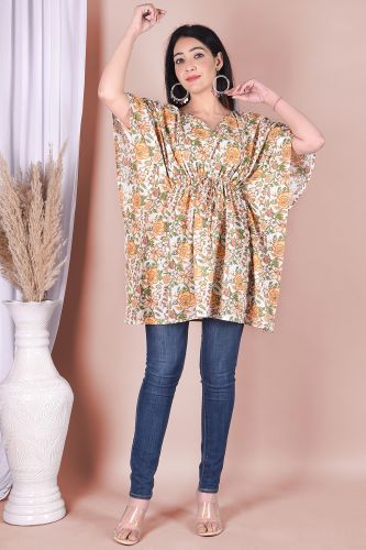 Green and Off-White Floral Printed Kaftan Cotton Top