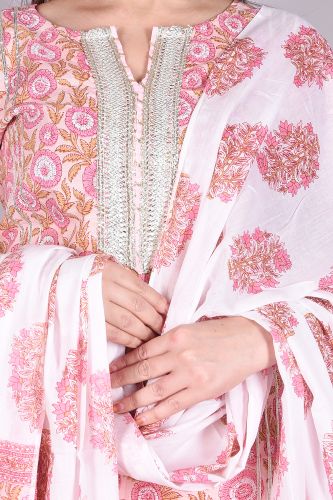 White & Pink Floral Printed Cotton Kurta with Solid White Palazzo and a Printed Dupatta