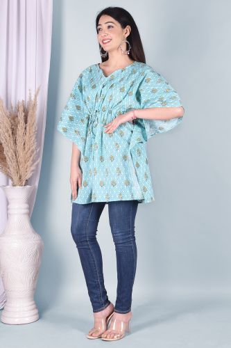 Light Blue Floral Printed Cotton Kaftan