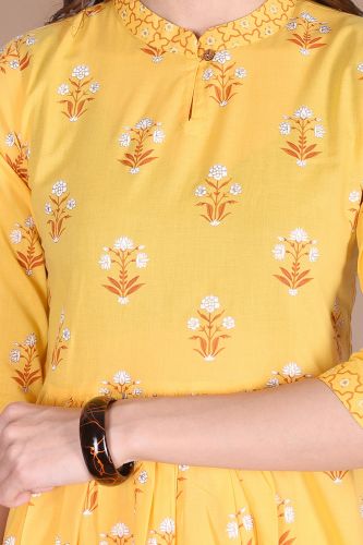 Yellow Printed Flared Cotton Kurta with Printed Palazzo