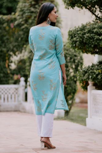 Gold Printed Cotton Straight Blue Kurta